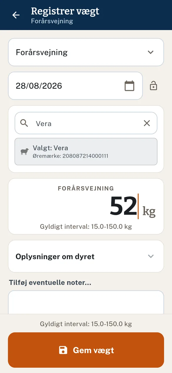 Dyret valgt og vægten indtastet