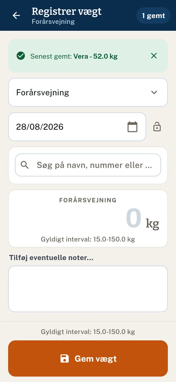 Vejningen gemt, formularen klar til næste dyr