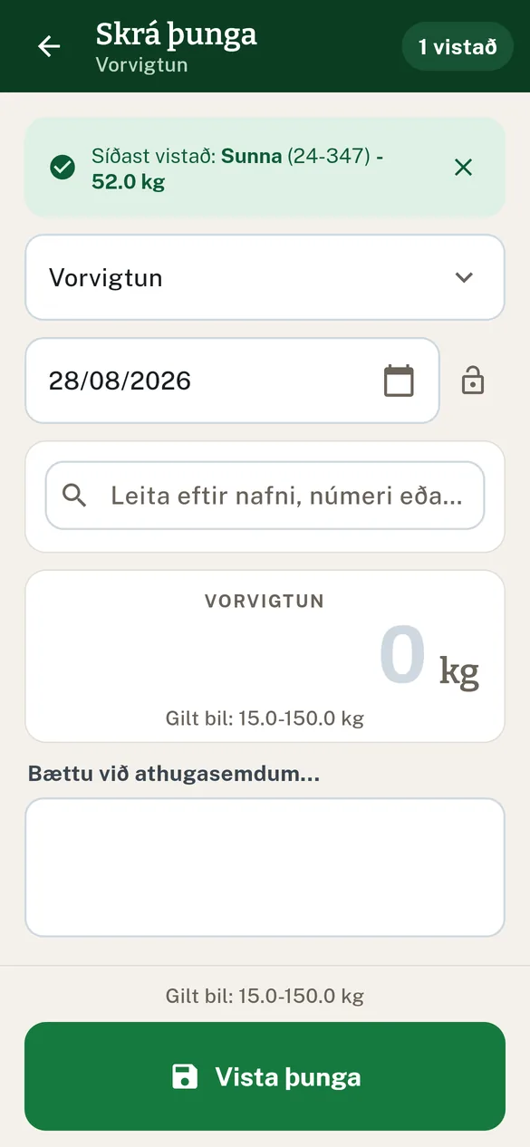 Vigtun vistuð, formið tilbúið fyrir næsta grip