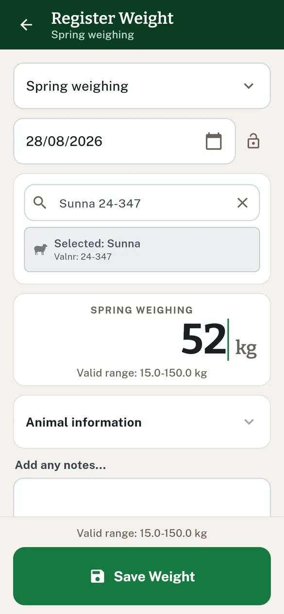 The animal chosen and the weight typed