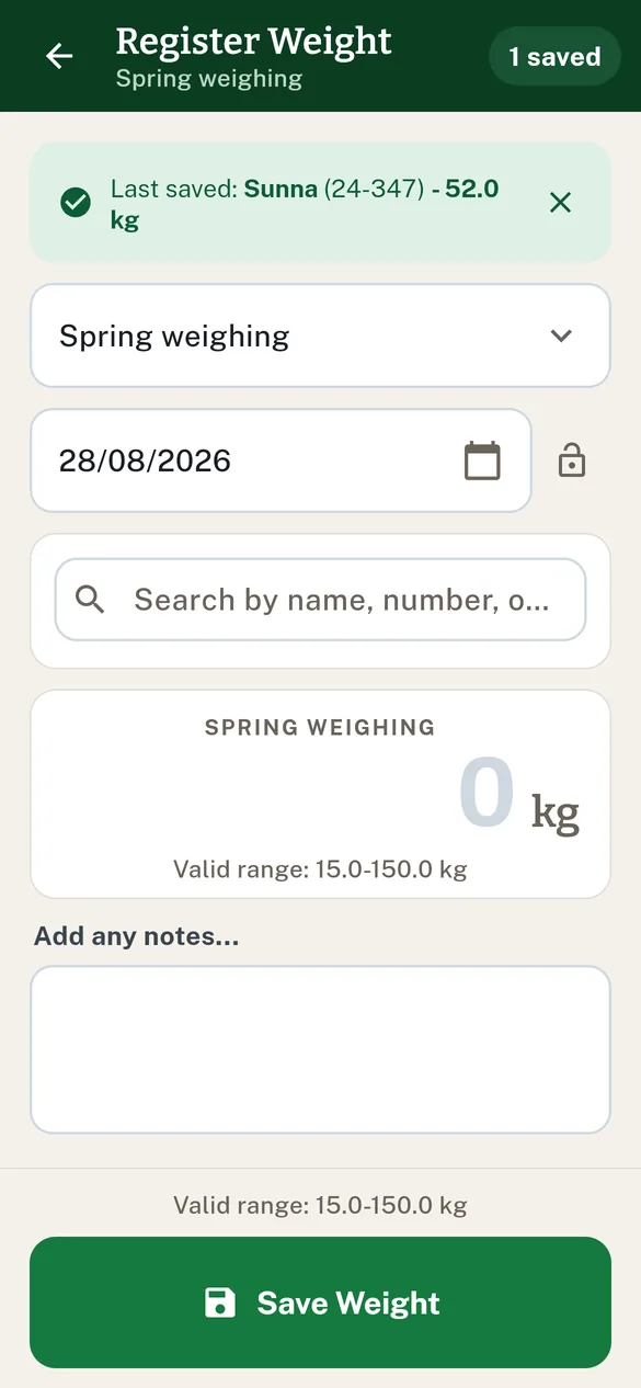 The weighing saved, the form ready for the next animal