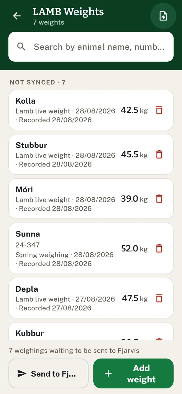 Weighings waiting, with the send button